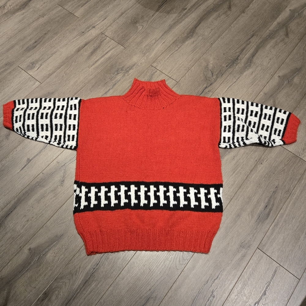 Vintage Hand Knit Mock Turtleneck Sweater With 3/4 Sleeves